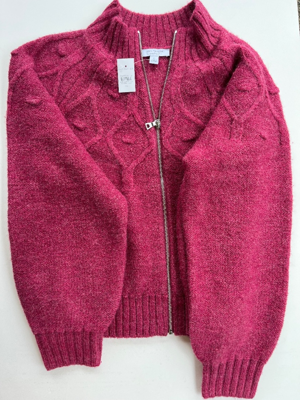Ann Taylor Weekend Cable Bomber Sweater Jacket sz XL pink/raspberry zip front - Picture 1 of 6